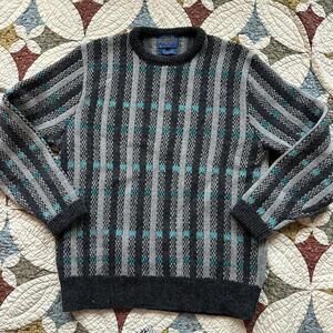 Grey & blue vintage 90s Pendleton 100% wool chunky coastal fisherman sweater